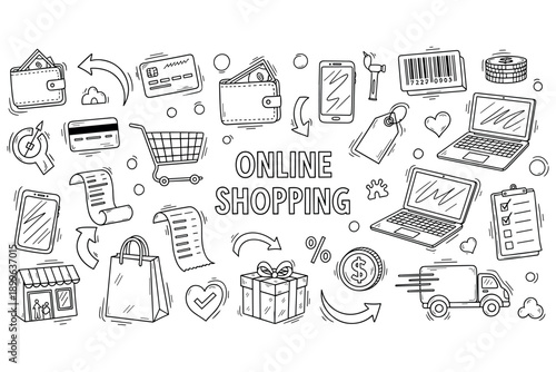 Online shopping elements: wallet, credit card, laptop, mobile, cart, and delivery icons