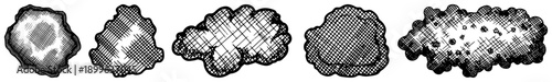 Collection of five textured land masses or rock formations in hand drawn engraving style