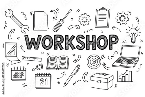 Creative workshop design with tools and office supplies doodles
