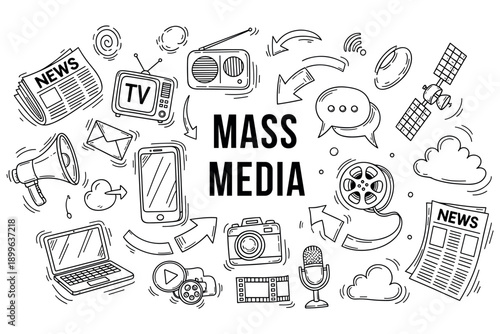 Mass media elements sketch with tv, radio, newspaper, and digital icons