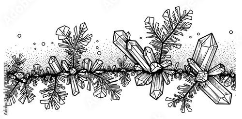Detailed symmetrical horizontal composition of crystals and frozen branches in hand drawn ink style