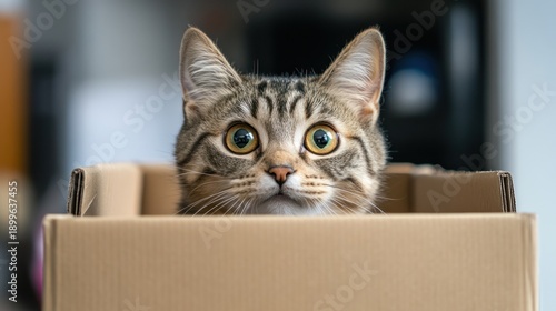 Curious tabby cat in cardboard box