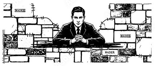 Vintage engraving of a professional man in a suit behind a broken stone wall