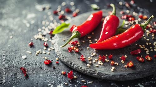 Red chili peppers on dark slate