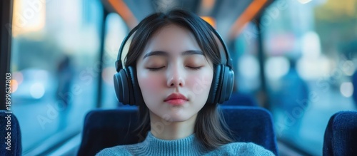 Young woman listening to music on headphones on a bus