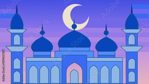 Elegant mosque with blue domed roofs and crescent moon