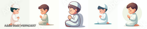 vector of a Muslim little boy sitting with his hands raised in prayer
