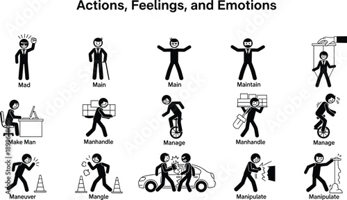 Actions feelings emotions icon set, mad manage manipulate maneuver concepts, human behavior activity symbols, education psychology pictograms, flat vector illustration