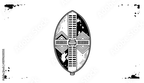 Traditional African warrior shield with geometric patterns and distressed grunge texture black and white illustration