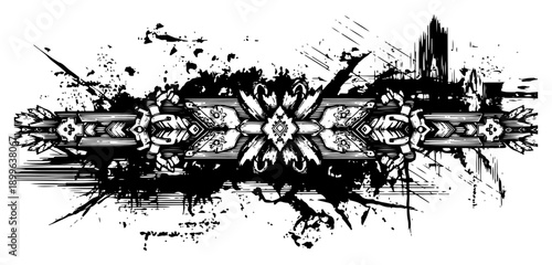 Symmetrical grunge ornamental banner with ink splatters and tribal details