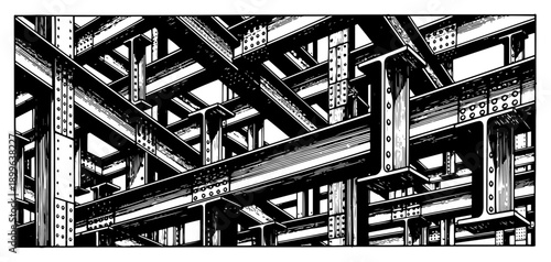 Industrial steel beam structure and architectural girders in detailed engraving style