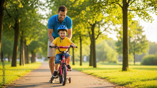 Father teaching son to ride a bicycle in the park.
