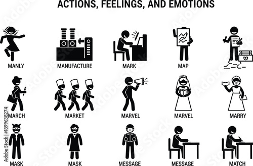 Actions feelings emotions icon set, manly manufacture market marry message match concepts, human activity behavior symbols, flat vector illustration