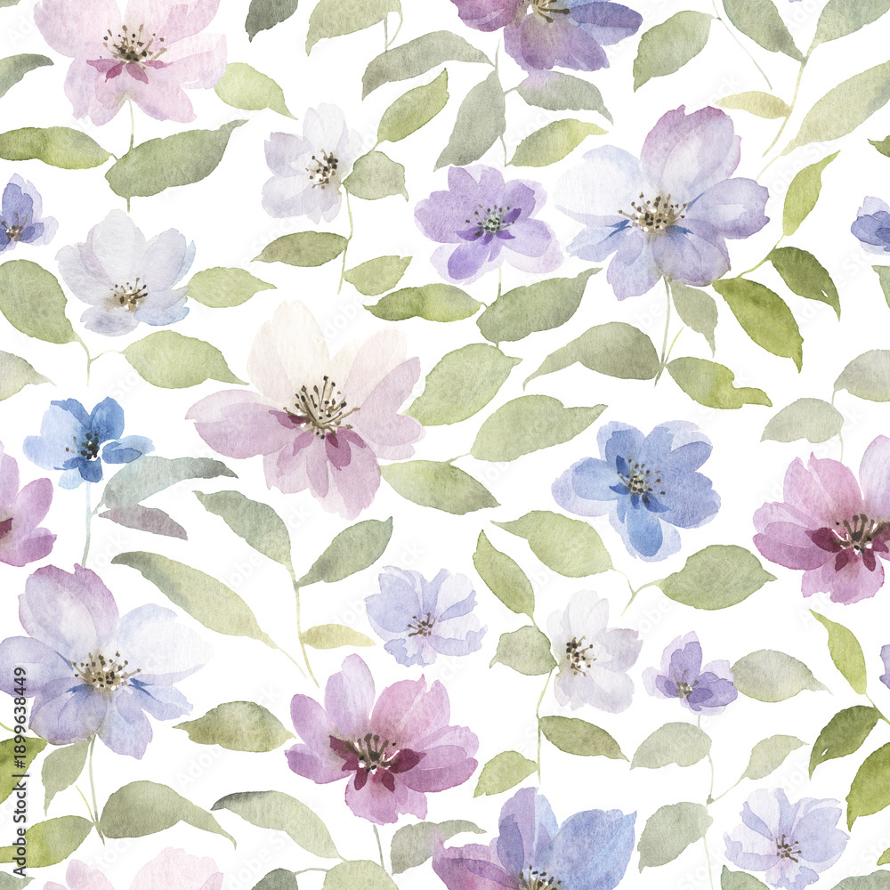 Obraz premium Watercolor floral seamless pattern with abstract flowers and green leaves. Delicate illustration in provence rustic style for textile, cover or wallpaper. Hand-drawn all over print.