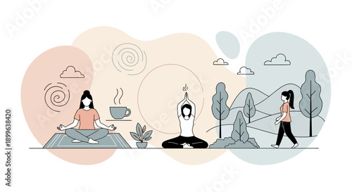 Women Practicing Yoga and Meditation Outdoors.