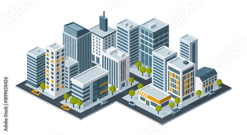 Isometric Cityscape with Modern Buildings and Trees.