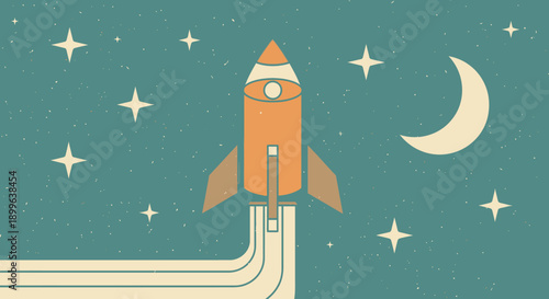 Orange Rocket Ship Launching into Space.