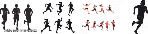 collection of runner silhouettes showcasing movement and triumph in various athletic poses, white transparent background