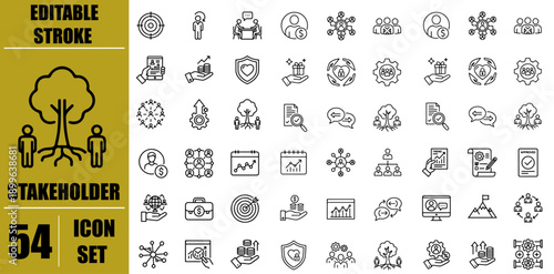 Stakeholder Line Icons Set for Teamwork, Partnership, Communication, Agreement, Collaboration, Decision Making and Influence – Editable Stroke Vector Symbols for Business Strategy, Corporate Managemen