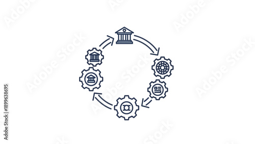 Circular workflow process with business gears and institution icons