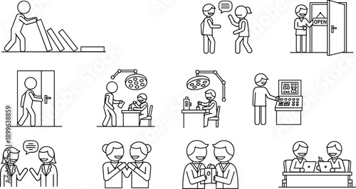 Actions feelings emotions line icon set, human interaction communication work process scenes, medical office activity symbols, outline vector illustration