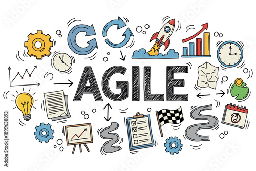 Agile development concept with rocket, charts, and icons illustrating methodology