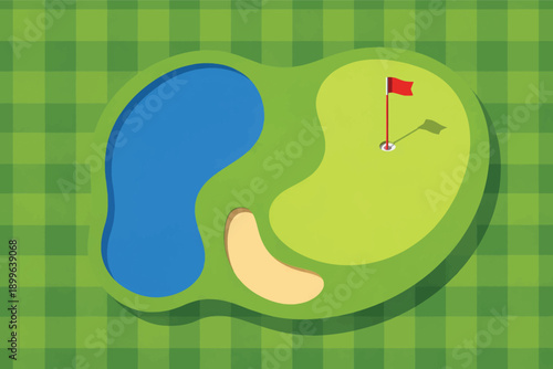 Aerial view illustration of a stylized golf green featuring a water hazard and sand trap near the flag
