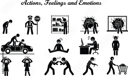 Actions feelings emotions icon set, human behavior situations symbols, daily life conflict stress activity pictograms, black silhouette vector illustration