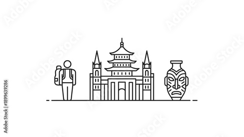 Global traveler, Asian temple, tribal mask line art icons