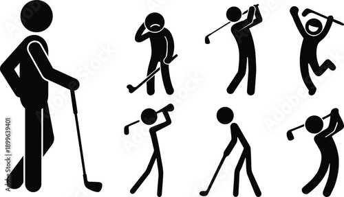 A series of stick figure illustrations depicting various golfing actions and poses