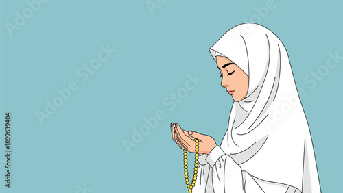 Devout young Muslim woman wearing white hijab holds prayer beads while supplicating with folded hands.