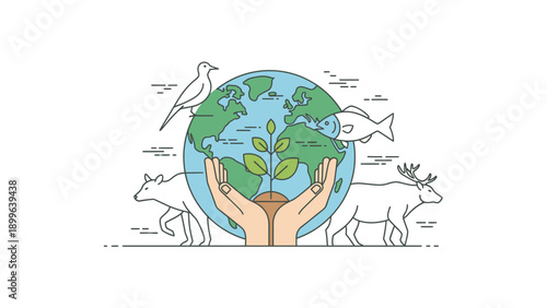 Hands nurturing plant in front of globe with diverse wildlife