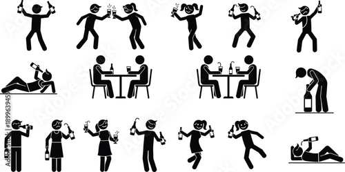 Actions, feelings, and emotions icons set, human behavior stickers, sleeping, dancing, shouting, drinking, people communication, social life, weightlifting, cad drawing flat vector illustration