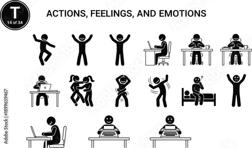 Actions feelings emotions icon set, happy sad work relax activities, human daily behavior symbols, black silhouette pictograms, flat vector illustration