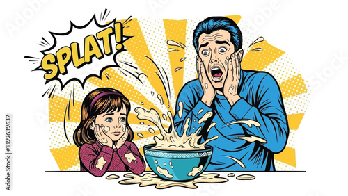 Father and daughter react with shock to breakfast cereal dramatically splashing out of a bowl