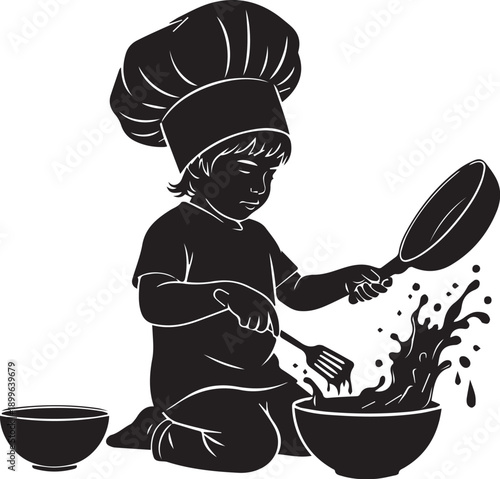 Small child wearing a tall chef hat actively mixing ingredients vigorously in a bowl with a spatula.