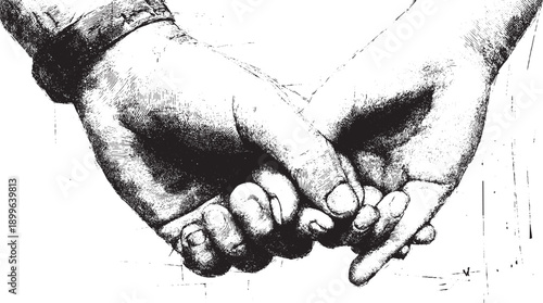 A drawing of two hands with fingers intertwined, holding each other tightly. There vector illustration, which you can use for Valentine's Day