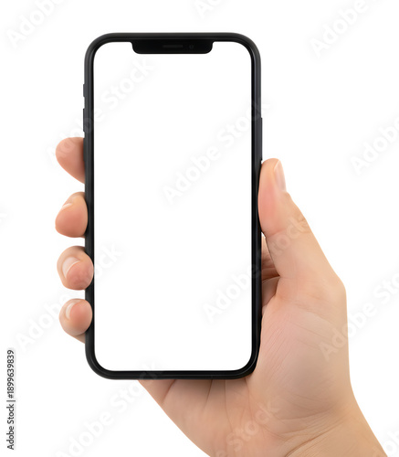 Hand holding smartphone mock up on transparent background.
