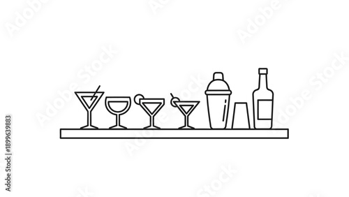 Minimalist line art of cocktail glasses shaker and bottle