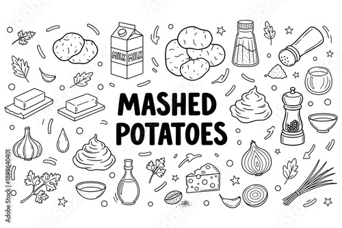 Mashed potatoes ingredients doodle with potatoes, butter, and herbs in black and white