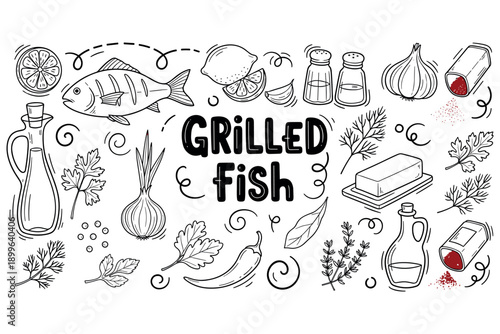 Grilled fish with herbs and spices: lemon, butter, and seasonings illustration
