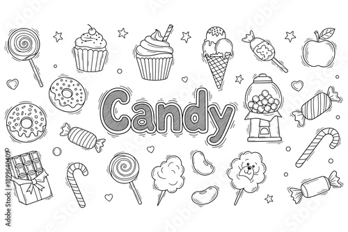 Assorted candy and sweets doodle art with lollipops, cupcakes, and ice cream cones