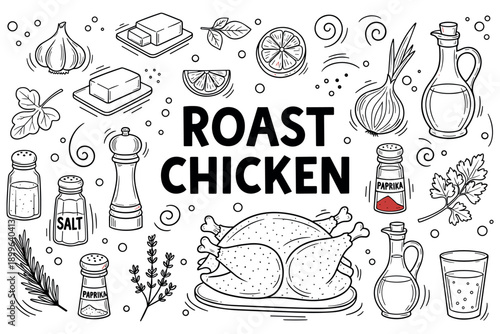 Black and white roast chicken ingredients with spices and herbs illustration