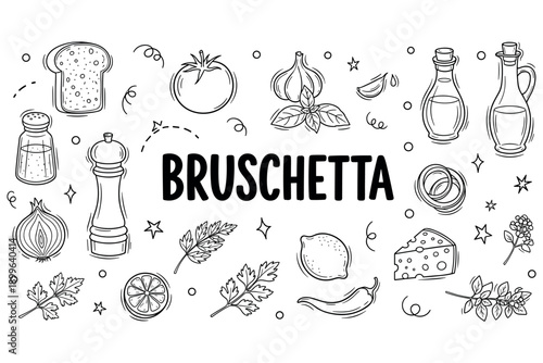 Bruschetta ingredients: tomato, herbs, garlic, oil, bread, cheese, spices illustration