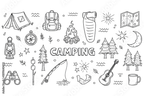 Hand-drawn camping elements: tent, backpack, sleeping bag, campfire, map, guitar