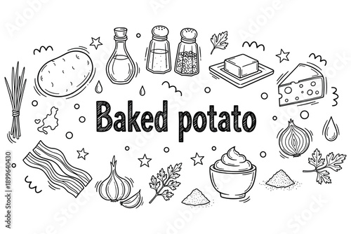 Delicious baked potato ingredients and seasonings illustration