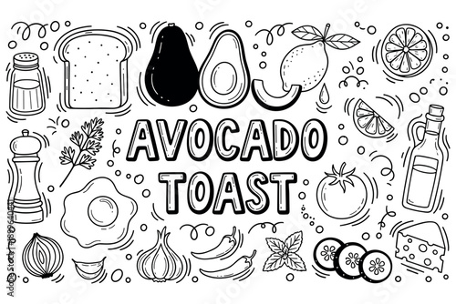 Avocado toast ingredients: avocado, bread, egg, vegetables, spices, lemon, healthy food