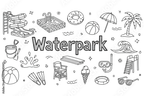 Fun waterpark doodles featuring slides, pool, waves, beach ball, ice cream, and more
