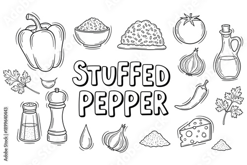 Stuffed pepper ingredients illustration with vegetables and herbs in black and white