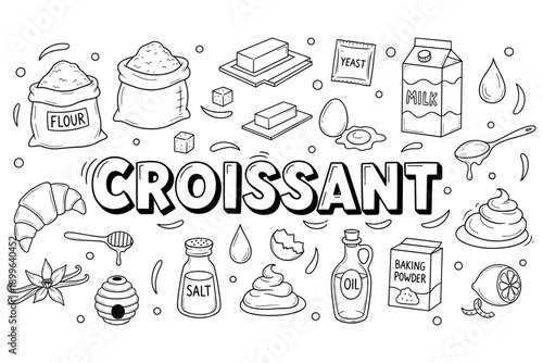 Croissant ingredients: flour, yeast, milk, eggs, sugar, butter illustrated
